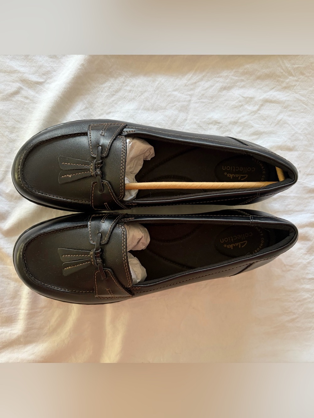 Clarks Women’s Black Leather Tassel Loafers New w Tags Packaging Sz 10 Wide